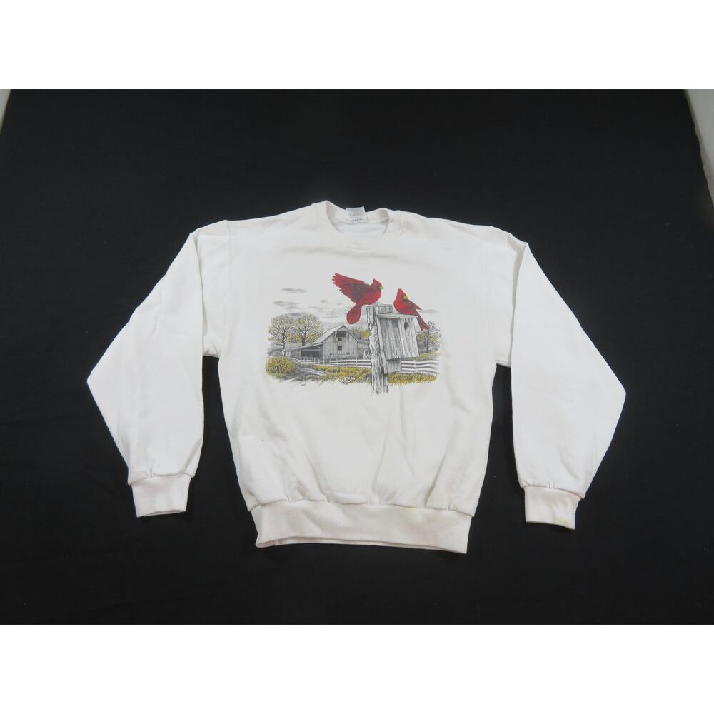 Cardinal Sweatshirt, Bird Birdhouse Farm, Double sided White Sz M 1990s